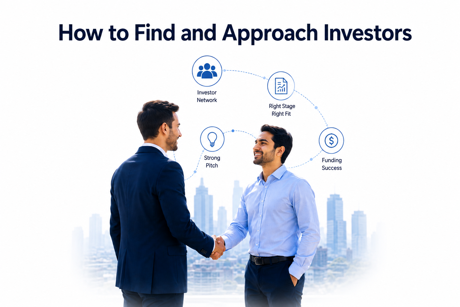 Two founders shaking hands with icons for investor network, right-stage fit, strong pitch and funding success, illustrating how to find and approach angel investors and VCs