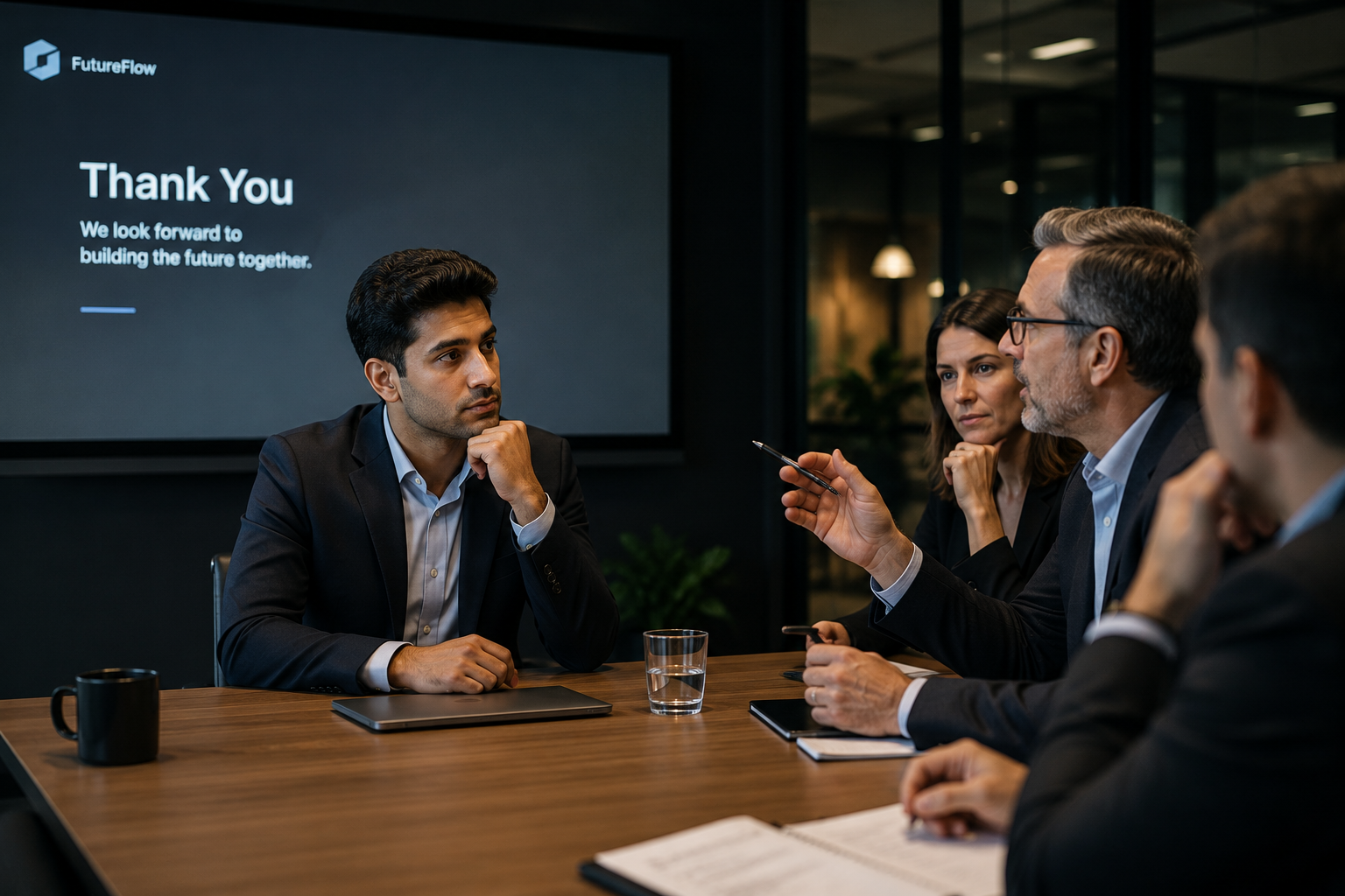 Founder answering investor follow-up questions during a startup pitch meeting after the presentation has ended, highlighting how live Q&A influences investment decisions more than the pitch deck itself.