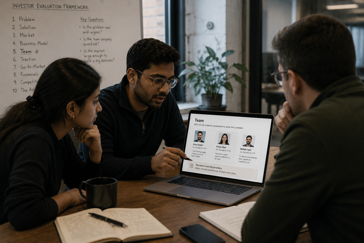 Three startup founders reviewing a pitch deck team slide with an investor during a realistic early-stage startup evaluation discussion.