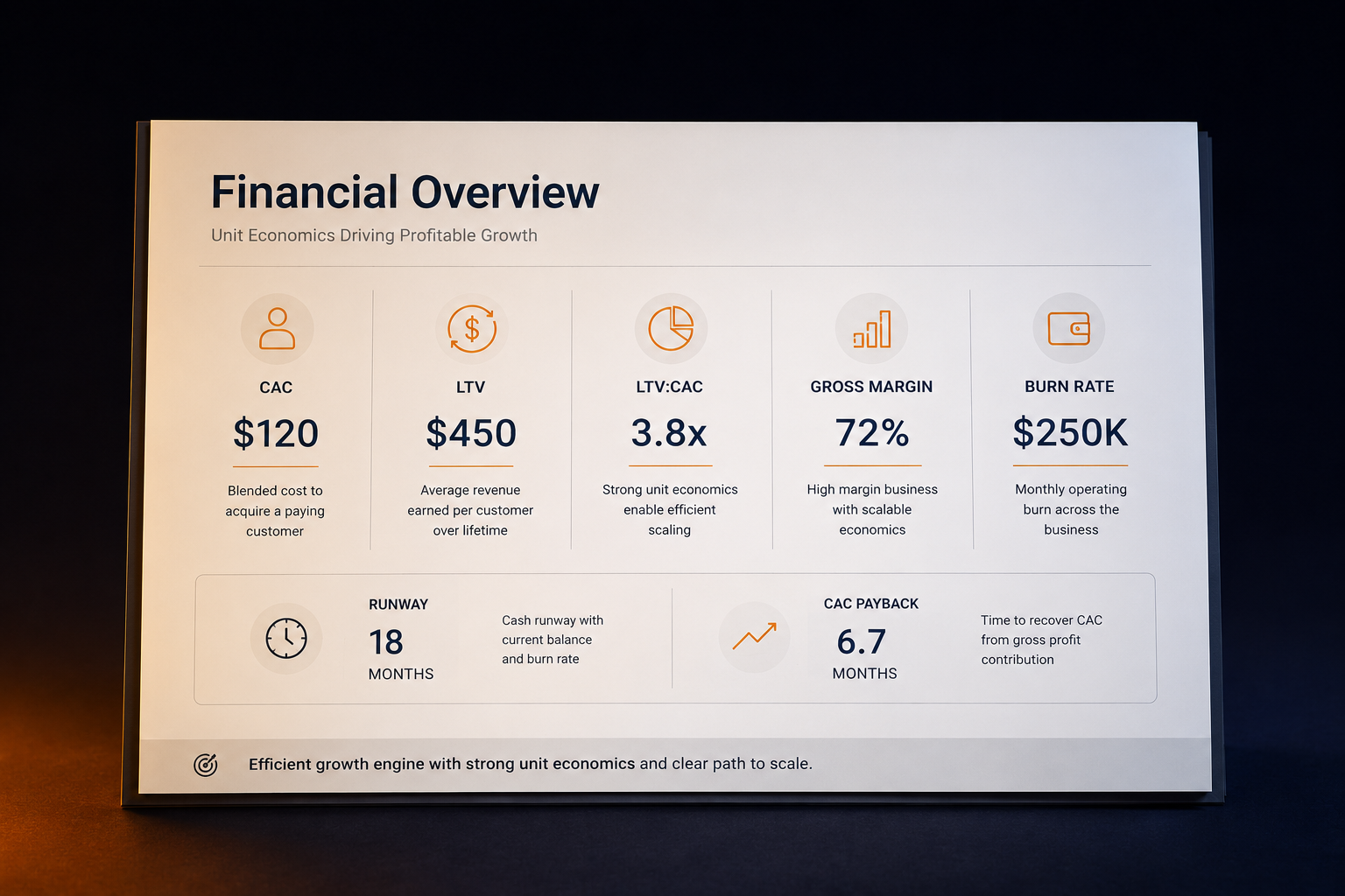 Infographic showing what belongs on a startup pitch deck financials slide — unit economics, pricing, revenue model, and key assumptions.